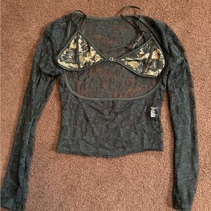 SHEIN Black Lace Long Sleeve Blouse with Floral Detail